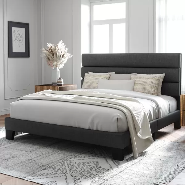 Allewie King Size Platform Bed Frame with Velvet Upholstered Headboard and Wooden Slats Support Fully Upholstered Mattress FoundationNo Box Spring NeededEasy Assembly BlackDark Grey