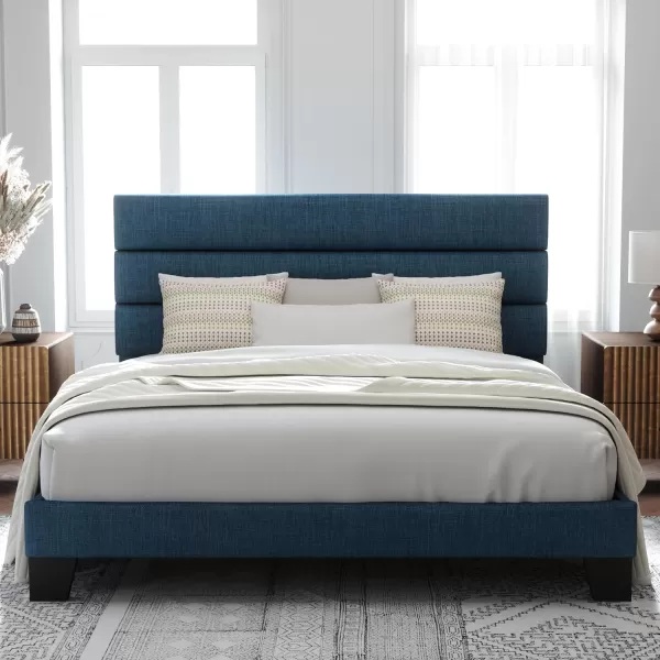 Allewie King Size Platform Bed Frame with Velvet Upholstered Headboard and Wooden Slats Support Fully Upholstered Mattress FoundationNo Box Spring NeededEasy Assembly BlackNavy Blue