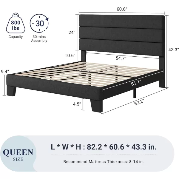 Allewie King Size Platform Bed Frame with Velvet Upholstered Headboard and Wooden Slats Support Fully Upholstered Mattress FoundationNo Box Spring NeededEasy Assembly BlackDark Grey