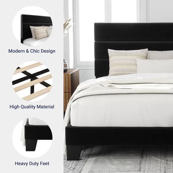 Allewie King Size Platform Bed Frame with Velvet Upholstered Headboard and Wooden Slats Support Fully Upholstered Mattress FoundationNo Box Spring NeededEasy Assembly BlackBlack