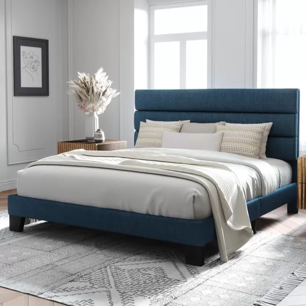 Allewie King Size Platform Bed Frame with Velvet Upholstered Headboard and Wooden Slats Support Fully Upholstered Mattress FoundationNo Box Spring NeededEasy Assembly BlackNavy Blue