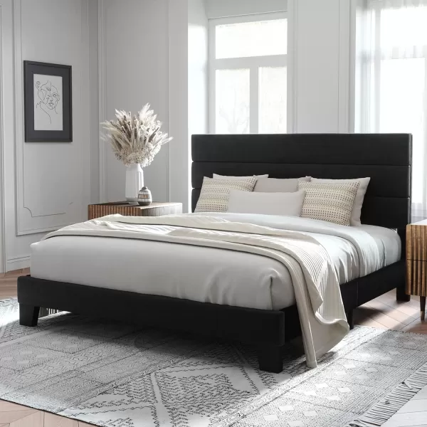 Allewie King Size Platform Bed Frame with Velvet Upholstered Headboard and Wooden Slats Support Fully Upholstered Mattress FoundationNo Box Spring NeededEasy Assembly BlackBlack