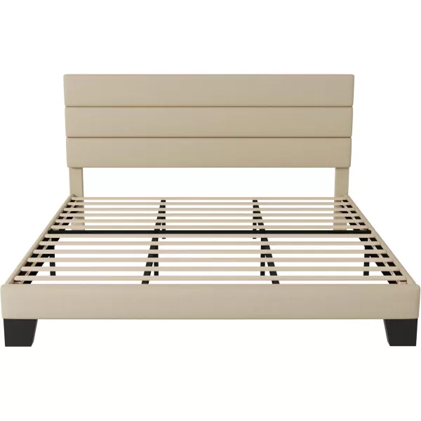 Allewie King Size Platform Bed Frame with Velvet Upholstered Headboard and Wooden Slats Support Fully Upholstered Mattress FoundationNo Box Spring NeededEasy Assembly BlackBeige