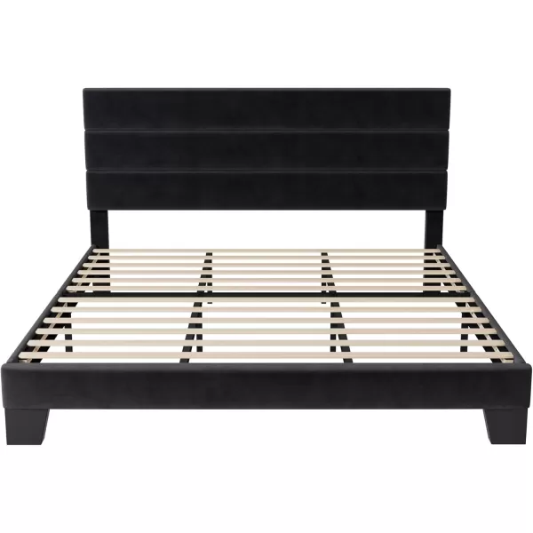 Allewie King Size Platform Bed Frame with Velvet Upholstered Headboard and Wooden Slats Support Fully Upholstered Mattress FoundationNo Box Spring NeededEasy Assembly BlackBlack