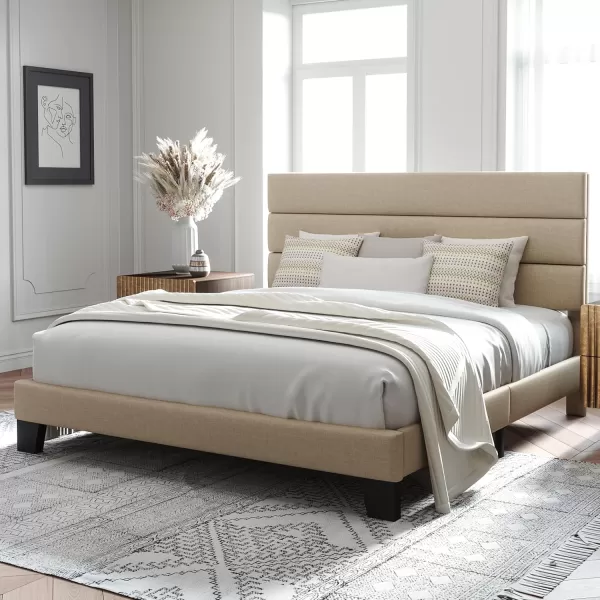 Allewie King Size Platform Bed Frame with Velvet Upholstered Headboard and Wooden Slats Support Fully Upholstered Mattress FoundationNo Box Spring NeededEasy Assembly BlackBeige