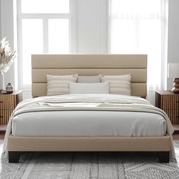 Allewie King Size Platform Bed Frame with Velvet Upholstered Headboard and Wooden Slats Support Fully Upholstered Mattress FoundationNo Box Spring NeededEasy Assembly BlackBeige