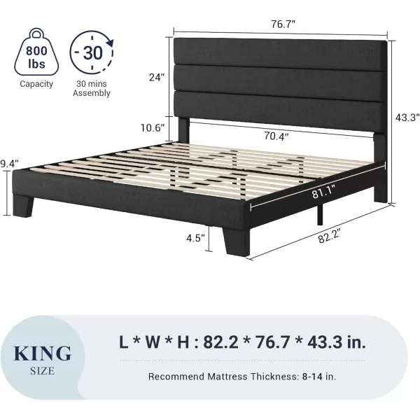 Allewie King Size Platform Bed Frame with Velvet Upholstered Headboard and Wooden Slats Support Fully Upholstered Mattress FoundationNo Box Spring NeededEasy Assembly BlackDark Grey