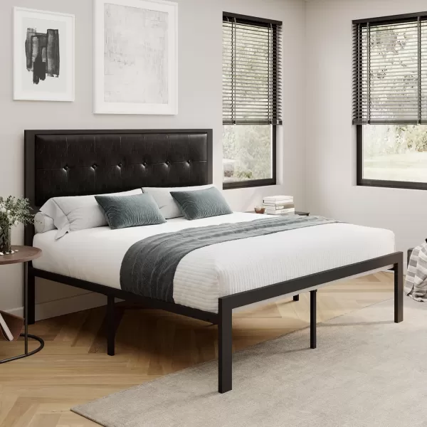 Allewie Queen Size Bed Frame Platform Bed Frame with Upholstered Headboard No Box Spring Needed Noise Free Easy AssemblyDark GreyBlack