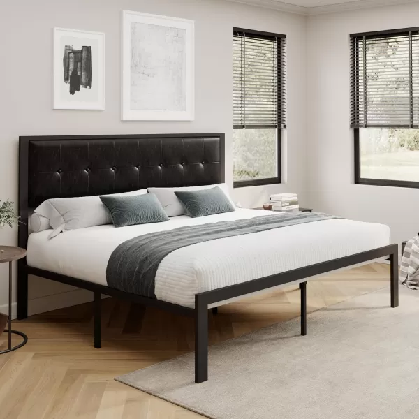 Allewie Queen Size Bed Frame Platform Bed Frame with Upholstered Headboard No Box Spring Needed Noise Free Easy AssemblyDark GreyBlack