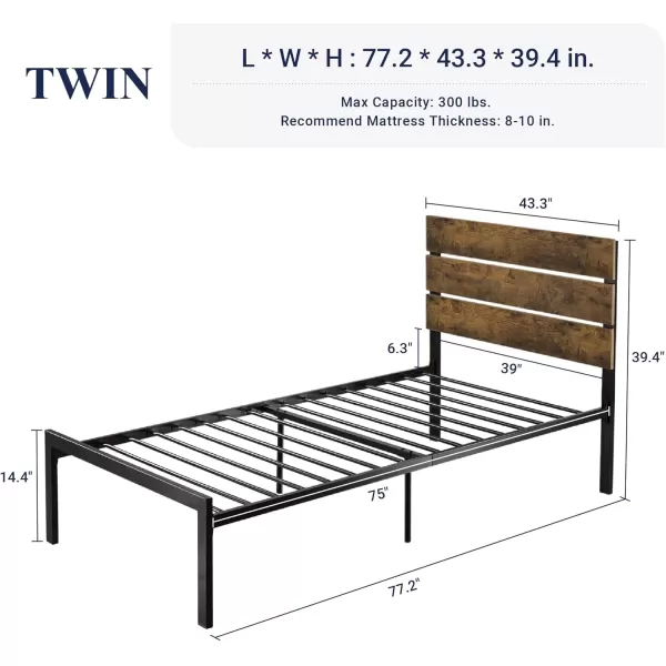 Allewie Queen Size Platform Bed Frame with Wooden Headboard and Metal SlatsRustic Country Style Mattress FoundationBox Spring OptionalStrong Metal Slats SupportEasy AssemblyLight BrownDark Brown