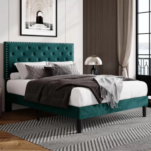 Allewie King Bed Frame Velvet Upholstered Platform Bed with Adjustable Diamond Button Tufted ampamp Nailhead Trim Headboard Wood Slat Support Easy Assembly No Box Spring Needed Dark GreenTeal Blue