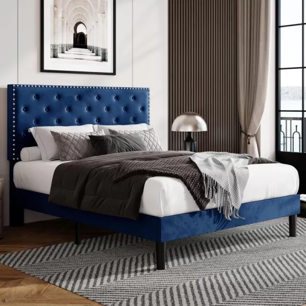 Allewie King Bed Frame Velvet Upholstered Platform Bed with Adjustable Diamond Button Tufted ampamp Nailhead Trim Headboard Wood Slat Support Easy Assembly No Box Spring Needed Dark GreenNavy Blue