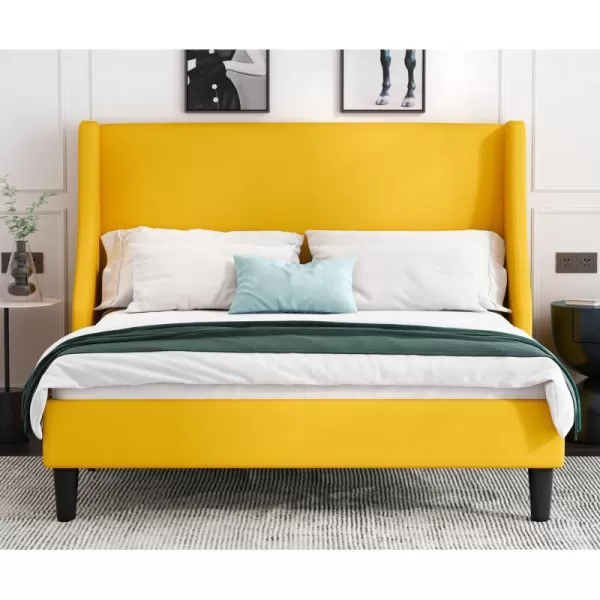 Allewie King Size Bed Frame Platform Bed Frame with Upholstered Headboard Modern Deluxe Wingback Wood Slat Support Mattress Foundation Peacock GreenLight Yellow