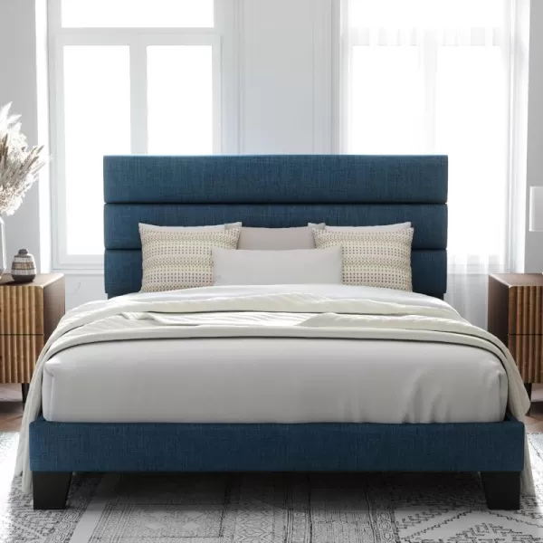 Allewie King Size Platform Bed Frame with Velvet Upholstered Headboard and Wooden Slats Support Fully Upholstered Mattress FoundationNo Box Spring NeededEasy Assembly BlackNavy Blue