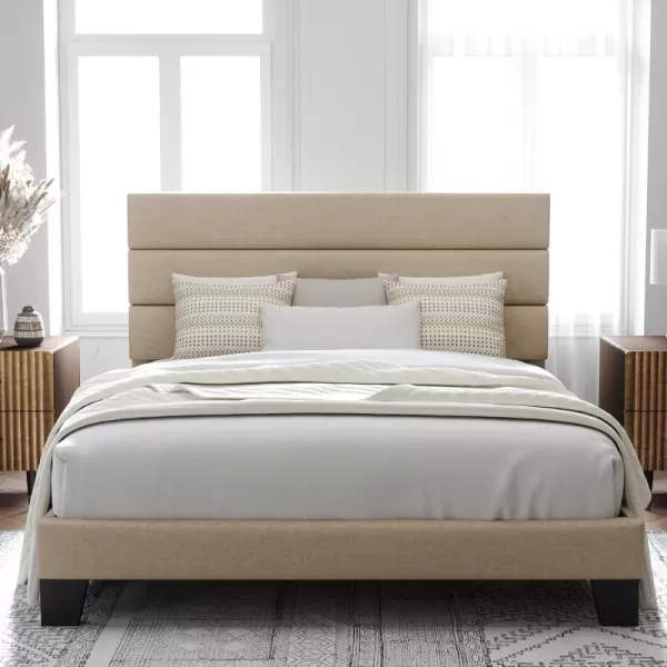 Allewie King Size Platform Bed Frame with Velvet Upholstered Headboard and Wooden Slats Support Fully Upholstered Mattress FoundationNo Box Spring NeededEasy Assembly BlackBeige