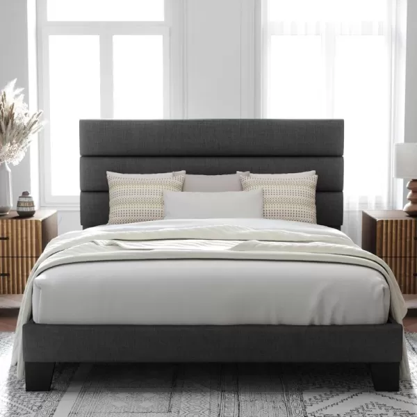 Allewie King Size Platform Bed Frame with Velvet Upholstered Headboard and Wooden Slats Support Fully Upholstered Mattress FoundationNo Box Spring NeededEasy Assembly BlackDark Grey