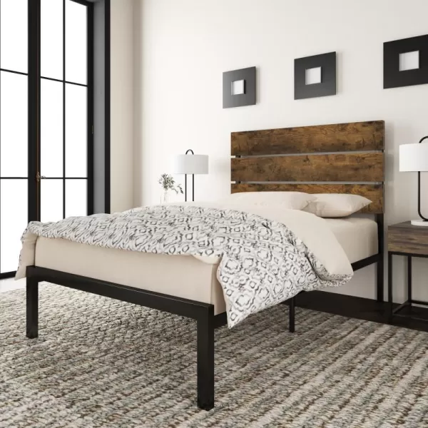 Allewie Queen Size Platform Bed Frame with Wooden Headboard and Metal SlatsRustic Country Style Mattress FoundationBox Spring OptionalStrong Metal Slats SupportEasy AssemblyLight BrownDark Brown