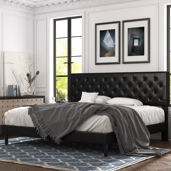 Allewie King Bed Frame with Adjustable HeadboardDiamond Stitched Button TuftedFabric Upholstered Platform Bed FrameWood Slat SupportNo Box Spring NeededEasy Assembly Dark GreyDeep Black