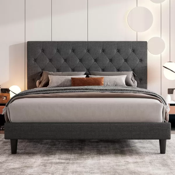 Allewie King Bed Frame with Adjustable HeadboardDiamond Stitched Button TuftedFabric Upholstered Platform Bed FrameWood Slat SupportNo Box Spring NeededEasy Assembly Dark GreyDark Grey