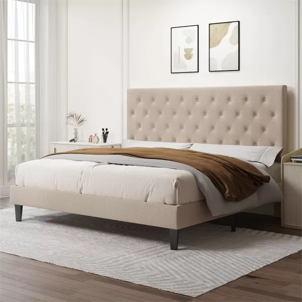 Allewie King Bed Frame with Adjustable HeadboardDiamond Stitched Button TuftedFabric Upholstered Platform Bed FrameWood Slat SupportNo Box Spring NeededEasy Assembly Dark GreyBeige