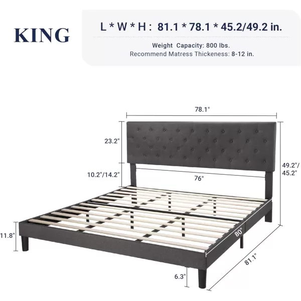 Allewie King Bed Frame with Adjustable HeadboardDiamond Stitched Button TuftedFabric Upholstered Platform Bed FrameWood Slat SupportNo Box Spring NeededEasy Assembly Dark GreyDark Grey