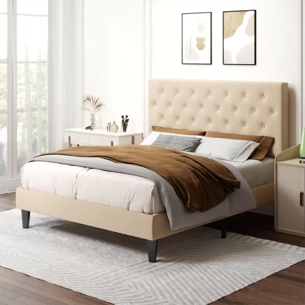 Allewie King Bed Frame with Adjustable HeadboardDiamond Stitched Button TuftedFabric Upholstered Platform Bed FrameWood Slat SupportNo Box Spring NeededEasy Assembly Dark GreyBeige