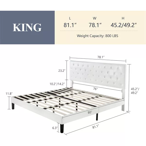 Allewie King Bed Frame with Adjustable HeadboardDiamond Stitched Button TuftedFabric Upholstered Platform Bed FrameWood Slat SupportNo Box Spring NeededEasy Assembly Dark GreyOffwhite