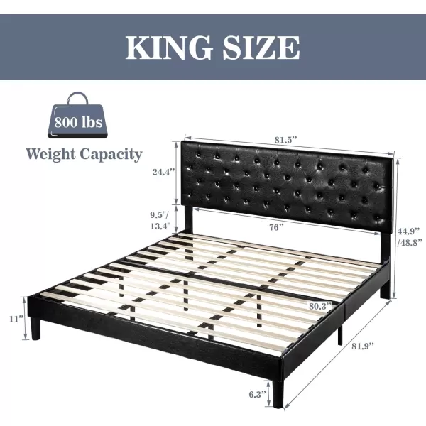 Allewie King Bed Frame with Adjustable HeadboardDiamond Stitched Button TuftedFabric Upholstered Platform Bed FrameWood Slat SupportNo Box Spring NeededEasy Assembly Dark GreyDeep Black