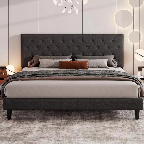 Allewie King Bed Frame with Adjustable HeadboardDiamond Stitched Button TuftedFabric Upholstered Platform Bed FrameWood Slat SupportNo Box Spring NeededEasy Assembly Dark GreyDark Grey