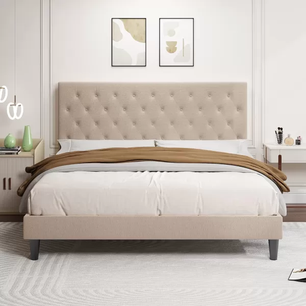 Allewie King Bed Frame with Adjustable HeadboardDiamond Stitched Button TuftedFabric Upholstered Platform Bed FrameWood Slat SupportNo Box Spring NeededEasy Assembly Dark GreyBeige