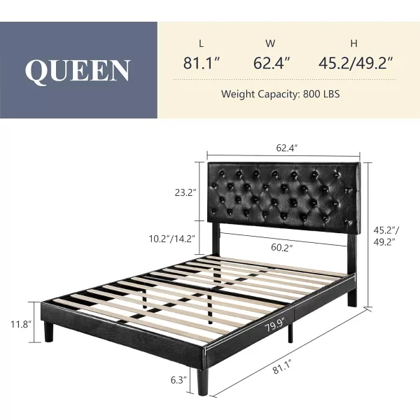 Allewie King Bed Frame with Adjustable HeadboardDiamond Stitched Button TuftedFabric Upholstered Platform Bed FrameWood Slat SupportNo Box Spring NeededEasy Assembly Dark GreyDeep Black