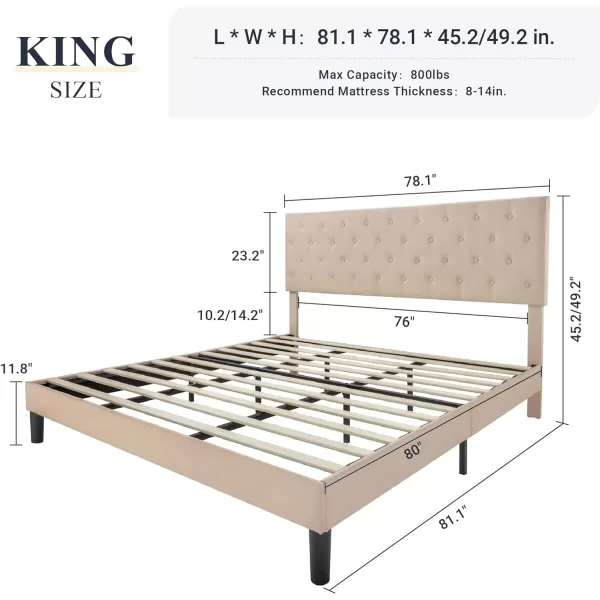 Allewie King Bed Frame with Adjustable HeadboardDiamond Stitched Button TuftedFabric Upholstered Platform Bed FrameWood Slat SupportNo Box Spring NeededEasy Assembly Dark GreyBeige