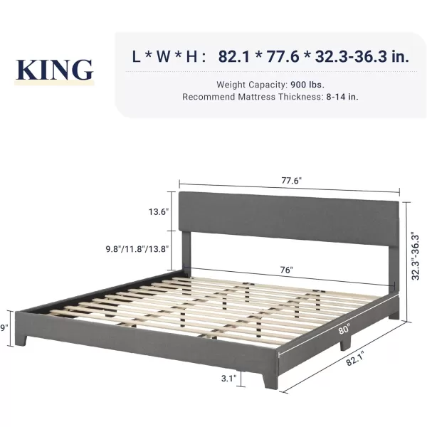 Allewie King Size Bed Frame with Adjustable Headboard Upholstered Platform Bed with Wood Slats Heavy Duty Mattress Foundation No Box Spring Needed NoiseFree Easy Assembly Dark GreyDark Grey