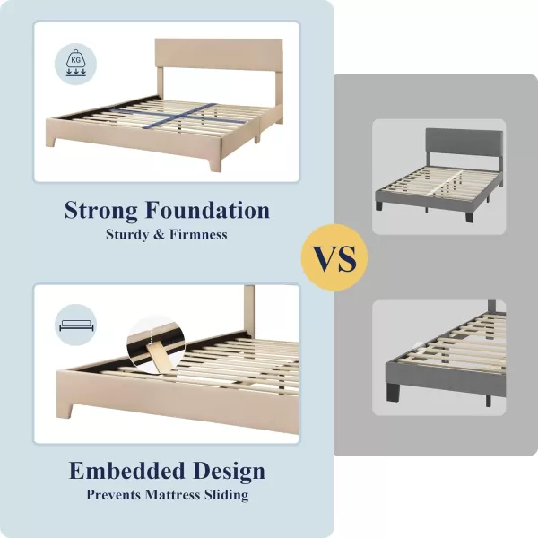 Allewie King Size Bed Frame with Adjustable Headboard Upholstered Platform Bed with Wood Slats Heavy Duty Mattress Foundation No Box Spring Needed NoiseFree Easy Assembly Dark GreyBeige