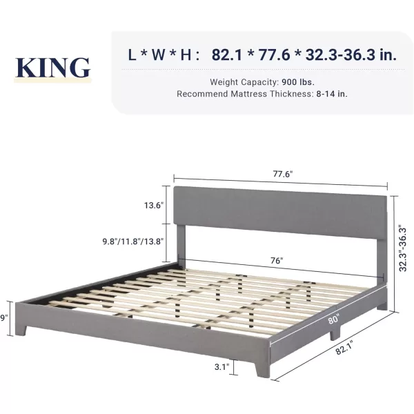 Allewie King Size Bed Frame with Adjustable Headboard Upholstered Platform Bed with Wood Slats Heavy Duty Mattress Foundation No Box Spring Needed NoiseFree Easy Assembly Dark GreyLight Grey