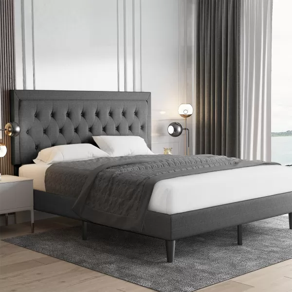 Allewie Queen Size Button Tufted Platform Bed FrameFabric Upholstered Bed Frame with Adjustable HeadboardWood Slat SupportMattress FoundationDark Grey QueenDark Grey