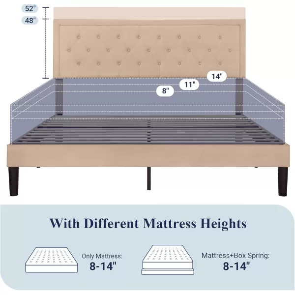 Allewie Queen Size Button Tufted Platform Bed FrameFabric Upholstered Bed Frame with Adjustable HeadboardWood Slat SupportMattress FoundationDark Grey QueenBeige