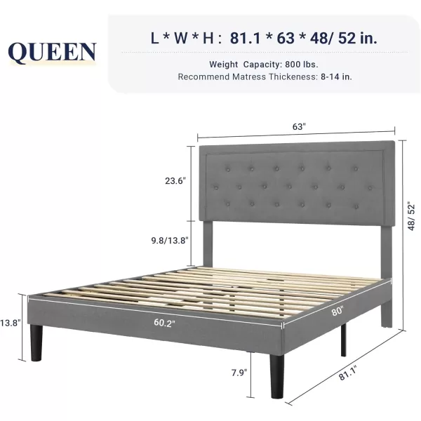 Allewie Queen Size Button Tufted Platform Bed FrameFabric Upholstered Bed Frame with Adjustable HeadboardWood Slat SupportMattress FoundationDark Grey QueenLight Grey