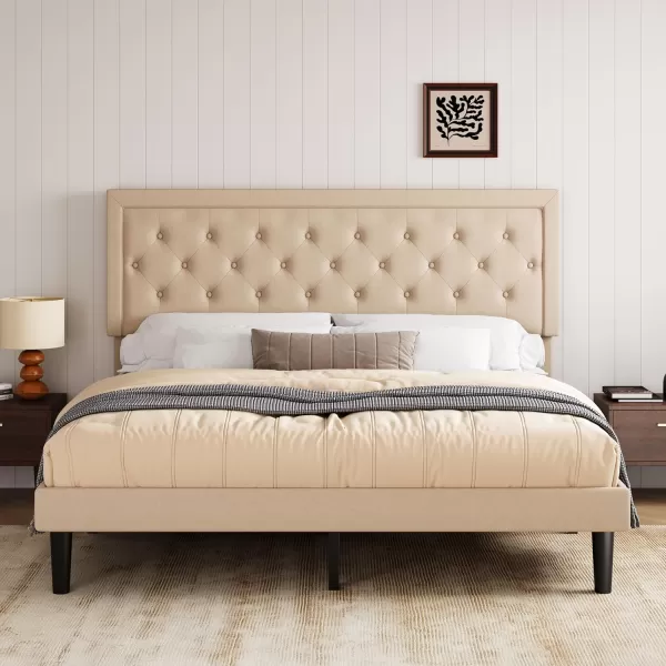 Allewie Queen Size Button Tufted Platform Bed FrameFabric Upholstered Bed Frame with Adjustable HeadboardWood Slat SupportMattress FoundationDark Grey QueenBeige