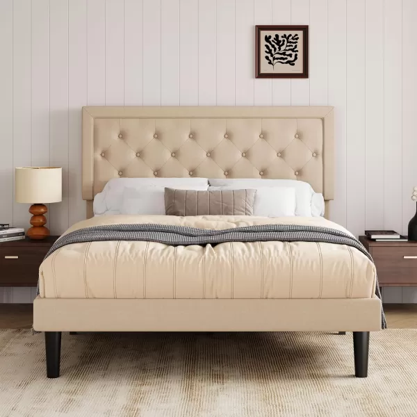 Allewie Queen Size Button Tufted Platform Bed FrameFabric Upholstered Bed Frame with Adjustable HeadboardWood Slat SupportMattress FoundationDark Grey QueenBeige