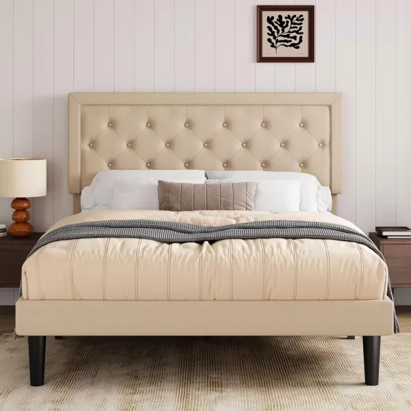 Allewie Queen Size Button Tufted Platform Bed FrameFabric Upholstered Bed Frame with Adjustable HeadboardWood Slat SupportMattress FoundationDark Grey QueenBeige