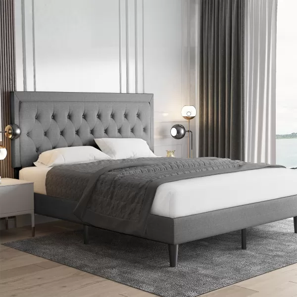 Allewie Queen Size Button Tufted Platform Bed FrameFabric Upholstered Bed Frame with Adjustable HeadboardWood Slat SupportMattress FoundationDark Grey QueenLight Grey