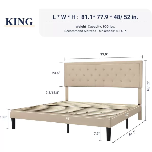 Allewie Queen Size Button Tufted Platform Bed FrameFabric Upholstered Bed Frame with Adjustable HeadboardWood Slat SupportMattress FoundationDark Grey QueenBeige