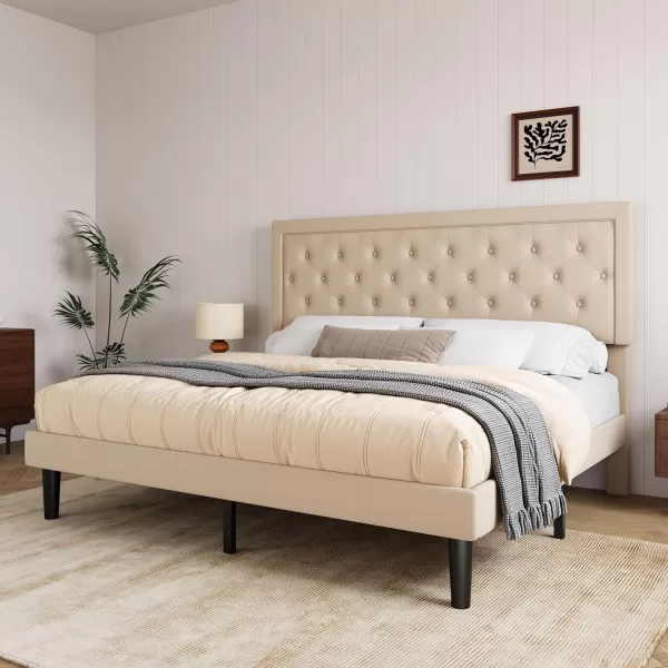 Allewie Queen Size Button Tufted Platform Bed FrameFabric Upholstered Bed Frame with Adjustable HeadboardWood Slat SupportMattress FoundationDark Grey QueenBeige