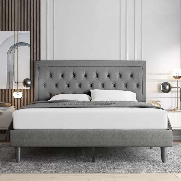 Allewie Queen Size Button Tufted Platform Bed FrameFabric Upholstered Bed Frame with Adjustable HeadboardWood Slat SupportMattress FoundationDark Grey QueenLight Grey