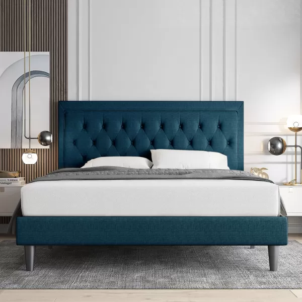 Allewie Queen Size Button Tufted Platform Bed FrameFabric Upholstered Bed Frame with Adjustable HeadboardWood Slat SupportMattress FoundationDark Grey QueenBlue