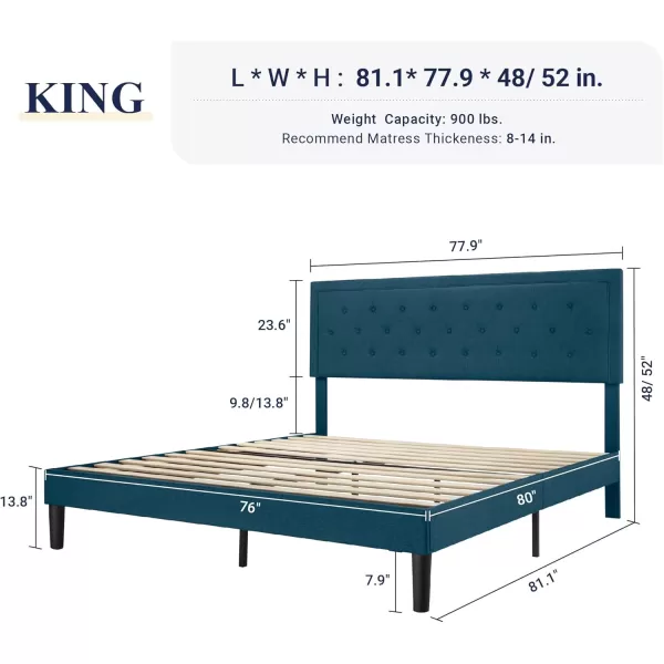 Allewie Queen Size Button Tufted Platform Bed FrameFabric Upholstered Bed Frame with Adjustable HeadboardWood Slat SupportMattress FoundationDark Grey QueenBlue