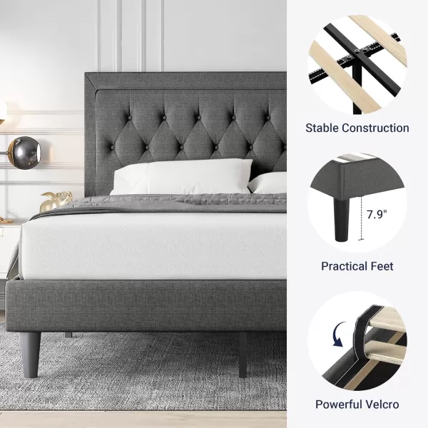 Allewie Queen Size Button Tufted Platform Bed FrameFabric Upholstered Bed Frame with Adjustable HeadboardWood Slat SupportMattress FoundationDark Grey QueenDark Grey