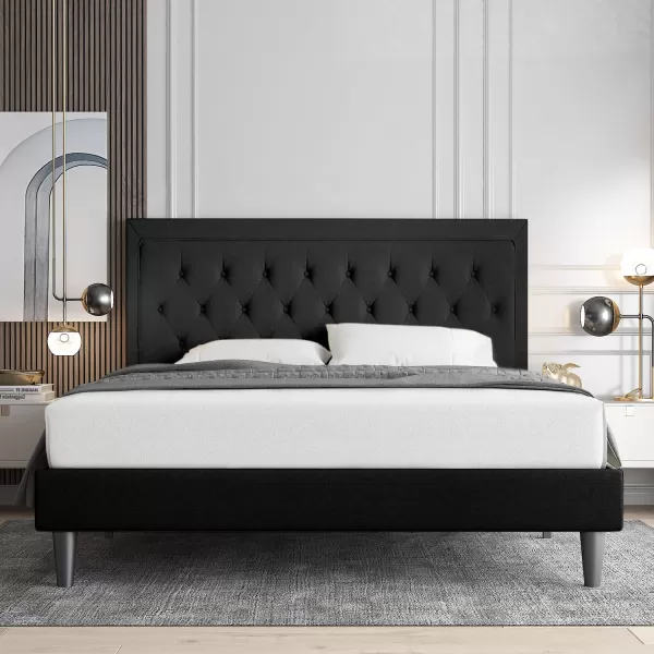 Allewie Queen Size Button Tufted Platform Bed FrameFabric Upholstered Bed Frame with Adjustable HeadboardWood Slat SupportMattress FoundationDark Grey QueenBlack