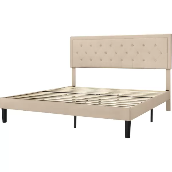 Allewie Queen Size Button Tufted Platform Bed FrameFabric Upholstered Bed Frame with Adjustable HeadboardWood Slat SupportMattress FoundationDark Grey QueenBeige